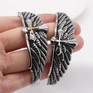 Retro eagle wing and cross open bangle in vintage stainless steel for men