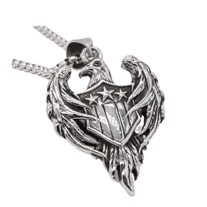 Retro eagle pendant necklace for men in silver stainless steel with star shield detail