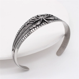 Retro lion star and feather engraved cuff bracelet in vintage silver stainless steel