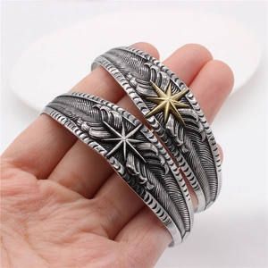 Retro eagle feather titanium steel open bangle with star emblem for men in silver and gold