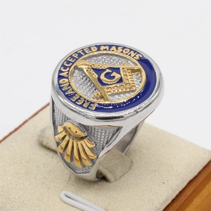 Retro Masonic stainless steel ring featuring blue enamel and gold compass square G logo