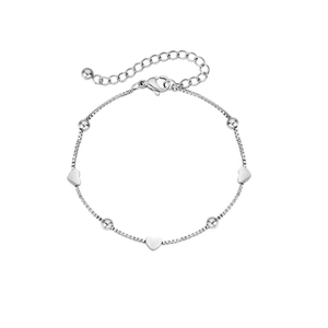 Close-up of a silver box chain bracelet with heart charms, polished beads and lobster clasp