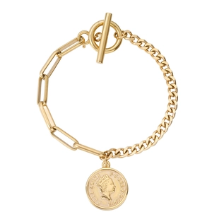 Bracelet Pendentif Pièce Vintage Reine Elizabeth II Pour Femme Acier Titane Chaîne Asymétrique Paperclip Curb Fermoir Bascule Bijoux