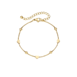 Detail of a gold box chain bracelet with heart charms and adjustable lobster clasp
