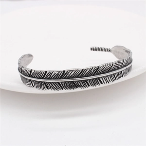 Retro silver feather titanium steel open bangle for men with detailed engraving textures