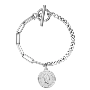 Bracelet argenté à médaille Reine Elizabeth avec chaînes trombone et gourmette et fermoir OT