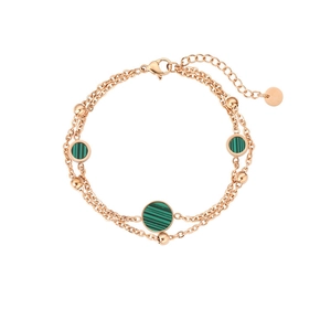 Detail of rose gold double-layer chain bracelet with green peacock stone inserts