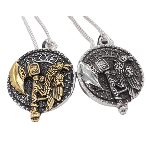 Vintage Viking Axe Crow Pendant Only Stainless Steel Men Runic Amulet Round Pendant Without Chain Retro Nordic Jewelry