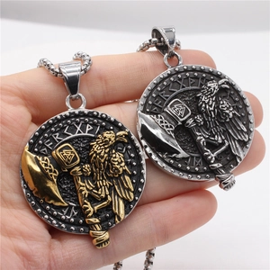 Retro Nordic Viking axe and raven round pendant necklace for men in vintage finish