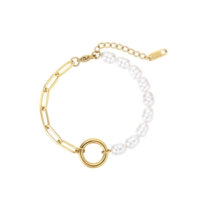 Detail view of gold rectangular chain joined with white baroque pearls and 18KGP tag