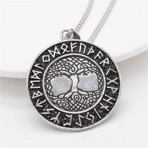 Vintage Viking Tree of Life pendant necklace with Nordic Runes in silver steel finish