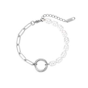 Detail of 18KGP stamp on adjustable chain of pearl and paperclip link bracelet