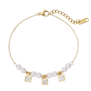 Bracelet Élégant en Acier Inoxydable et Künstliche Perles Pendentifs en Zircon Carré Chaîne Réglable pour Femme Bijoux de Mariage
