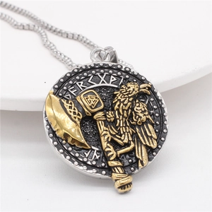 Viking eagle axe pendant necklace in vintage steel with runic engraving on round disc