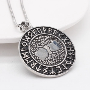 Viking Yggdrasil pendant necklace in antique silver steel with Elder Futhark runes