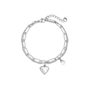 Close-up of double-layer silver titanium bracelet with heart shell and pearl pendants