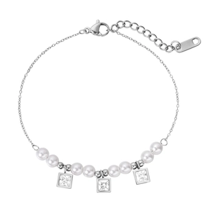 Bracelet minimaliste en perles et acier inoxydable avec zircons carrés et chaîne réglable