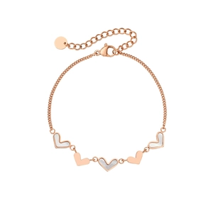 Rose gold heart bracelet with white shell inlays featuring adjustable lobster clasp