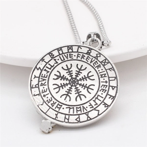 Retro Viking Vegvisir compass pendant necklace with Rune circle and silver axe details