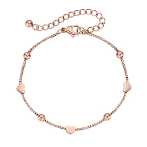 Minimalist rose gold box chain bracelet with heart pendants and adjustable lobster clasp