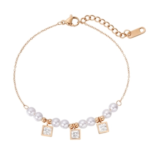 Bracelet minimaliste en acier rose doré avec perles blanches et zircons brillants