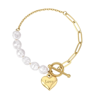 Damen Edelstahl Künstliche Perlen Spleißen Armband Herz Liebe Anhänger Knebelverschluss Gold Silber Roségold Modeschmuck