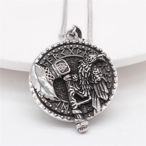 Vintage Viking pendant featuring raven and battle axe motifs on a stainless steel chain