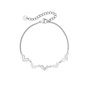 Close-up of silver steel bracelet with five heart-shaped mother of pearl inlays and lobster clasp