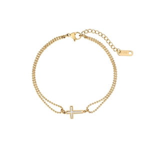 Détail du bracelet à billes doré avec pendentif croix en nacre et fermoir mousqueton