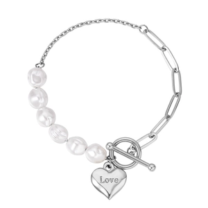 Elegantes Armband mit Perlen und Silberkette, Herzanhänger mit Love Gravur und OT-Verschluss