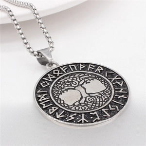 Vintage silver Viking Yggdrasil pendant necklace with Nordic runes on box chain