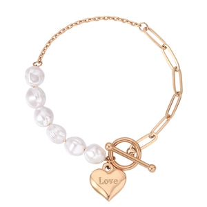 Schickes Goldkettenarmband mit weißen Perlen und Love-Herzanhänger mit OT-Knebelverschluss