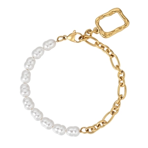 Bracelet Chaîne En Acier Inoxydable Et Künstliche Perles Baroques Asymétriques Avec Pendentif Rectangle Texturé Bijoux Mode Femme