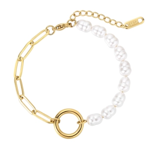 Titanium Steel Asymmetric Bracelet With Baroque Imitation Artificial Pearls And Paperclip Chain Adjustable Elegant Jewelry For Women