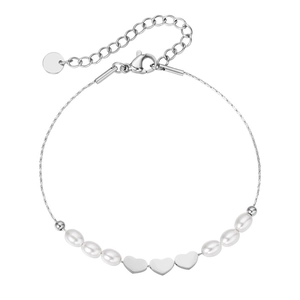 Minimalistisches Edelstahl-Herz- und Perlenarmband mit Karabinerverschluss und Verlängerung
