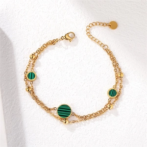 Double-layer gold bracelet with peacock blue malachite beads and adjustable chain