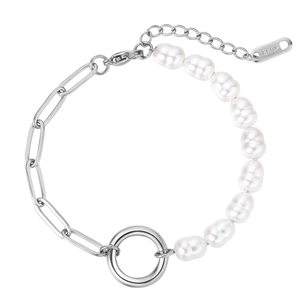 Minimalist silver chain and pearl bracelet with 18KGP tag and paperclip links