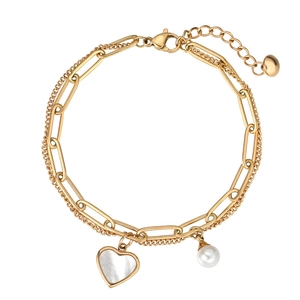 Double Layered Bracelet Stainless Steel Heart Mother Of Artificial Pearl Shell Pendant Elegant Minimalist Adjustable For Women