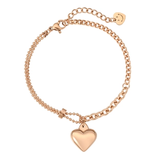 Bracciale oro rosa con ciondolo a cuore, catena a sfere e elemento cilindrico Lucky