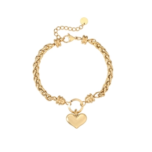 Detailed view of a gold-plated chunky Cuban chain bracelet with a heart pendant