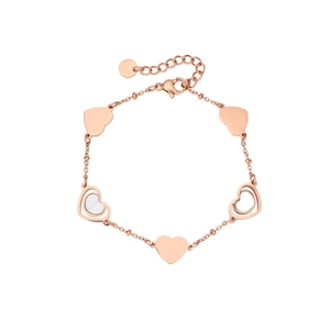 Detail view of rose gold bracelet with heart charms and adjustable lobster clasp