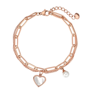Elegant rose gold double-layer titanium steel bracelet with heart shell and pearl pendants