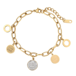 Pulsera de Amuletos con Etiqueta Redonda Good Luck de Acero de Titanio para Mujer Oro de 18K Strass Cadena Minimalista Joyería