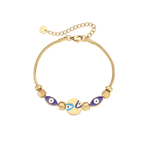 Detail of gold titanium evil eye bracelet with purple enamel beads and snake chain