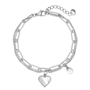 Minimalist silver double-layer titanium steel bracelet with pearl and heart shell charms