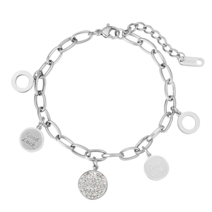 Pulsera de cadena plateada minimalista con colgantes Good Luck y detalle grabado 18KGP