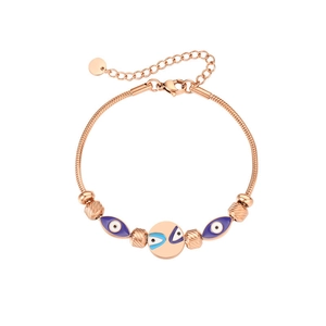 Detail view of rose gold snake chain bracelet with blue enamel evil eye charms