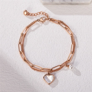 Minimalist double-layer rose gold titanium steel bracelet with mother-of-pearl heart pendant