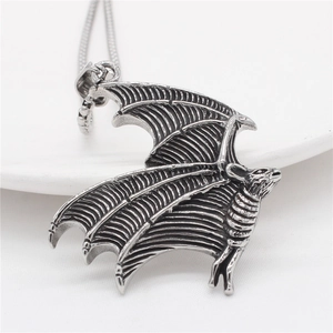 Retro gothic bat wing pendant necklace in antique silver finish with snake chain style