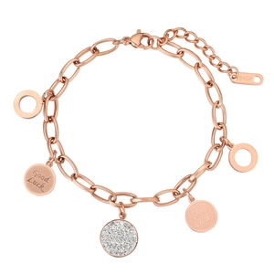 Pulsera de eslabones Good Luck en oro rosa con disco de circón y etiqueta 18KGP